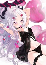Rule 34 | 1girl, absurdres, alternate costume, balloon, black choker, black horns, black panties, blue archive, blush, breasts, choker, daehoak, demon horns, grey hair, halo, heart balloon, highres, hina (blue archive), horns, lingerie, long hair, looking at viewer, mouth hold, multiple horns, navel, panties, parted bangs, purple eyes, small breasts, solo, underwear, very long hair
