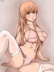 Rule 34 | 1girl, abs, arm support, bikini, breasts, dead or alive, kasumi (doa), large breasts, long hair, md5 mismatch, navel, orange hair, red eyes, solo, spread legs, swimsuit, tecmo, thighhighs, zenkou