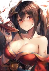 Rule 34 | 1girl, ahoge, alcohol, azur lane, bare shoulders, blurry, blurry background, blush, breasts, brown hair, choker, cleavage, collarbone, commentary, cup, feathers, hair between eyes, hair ornament, hair ribbon, highres, holding, holding cup, japanese clothes, kimono, large breasts, light particles, long hair, looking at viewer, mask, mask on head, motokonut, obi, off shoulder, parted lips, pouring, pouring onto self, red eyes, red kimono, red ribbon, ribbon, rigging, sakazuki, sash, sidelocks, smile, solo, taihou (azur lane), upper body, very long hair, wide sleeves