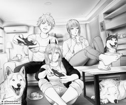 Rule 34 | 1boy, 2girls, absurdres, barefoot, black pants, cake, cake slice, chainsaw man, clenched teeth, cup, denji (chainsaw man), dog, food, greyscale, highres, horns, indoors, makima (chainsaw man), marvin (omarvin), monochrome, multiple girls, pants, playing games, power (chainsaw man), sharp teeth, shirt, short hair, sitting, teeth, white shirt