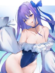 Rule 34 | 1girl, :q, bare shoulders, blue choker, blue ribbon, breasts, choker, cleavage, collarbone, fate/grand order, fate (series), hair ribbon, highleg, highleg swimsuit, highres, long hair, looking at viewer, medium breasts, meltryllis, meltryllis (fate), meltryllis (swimsuit lancer) (fate), meltryllis (swimsuit lancer) (second ascension) (fate), one-piece swimsuit, purple hair, ribbon, sleeves past fingers, sleeves past wrists, smile, solo, swimsuit, tongue, tongue out, very long hair, yuki maccha (yukimattya10)