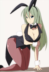 Rule 34 | 1girl, all fours, animal ears, aqua eyes, bad id, bad pixiv id, breast hold, breasts, cleavage, fake animal ears, green eyes, green hair, kichihachi, kneeling, large breasts, long hair, matching hair/eyes, original, pantyhose, playboy bunny, rabbit ears, rabbit tail, solo, tail, thigh gap, vest, wide hips, wrist cuffs