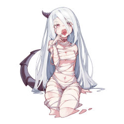 Rule 34 | 1girl, absurdres, bandages, breasts, collarbone, demon girl, eyes visible through hair, facial scar, hair between eyes, highres, horns, long hair, looking at viewer, medium breasts, mmhomm, naked bandage, navel, open mouth, original, red eyes, scar, scar on cheek, scar on face, simple background, single horn, sitting, solo, tail, teeth, tongue, tongue out, white background, white hair