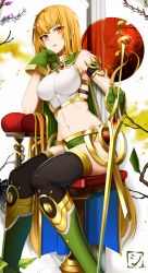 Rule 34 | 1girl, bare shoulders, black thighhighs, blonde hair, blush, breasts, cape, doko tetora, gloves, green gloves, head rest, highres, holding, holding sword, holding weapon, light smile, long hair, looking at viewer, midriff, navel, orange eyes, original, sitting, solo, sword, thighhighs, very long hair, weapon