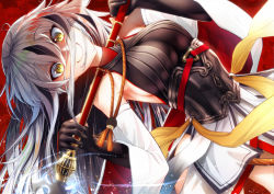 Rule 34 | 1girl, armor, bare shoulders, black gloves, black hair, black leotard, breasts, closed mouth, cluseller, cowboy shot, detached sleeves, dutch angle, fate/grand order, fate (series), female focus, gloves, hands up, holding, holding lance, holding polearm, holding weapon, lance, leaning back, leotard, looking at viewer, medium breasts, multicolored hair, nagao kagetora (fate), partially fingerless gloves, polearm, red background, sideboob, simple background, skirt, smile, solo, standing, streaked hair, two-handed, two-tone hair, weapon, white skirt, wide sleeves, yellow eyes