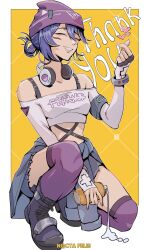 Rule 34 | 1girl, absurdres, bare shoulders, blue hair, boots, bra strap, can, character request, clothes writing, copyright request, crop top, facial mark, fingerless gloves, gloves, grin, hair between eyes, hand up, hat, headphones, headphones around neck, heart, highres, holding, holding can, long sleeves, midriff, nocta felis, off-shoulder shirt, off shoulder, on one knee, purple hat, purple thighhighs, shirt, short hair, smile, solo, thighhighs, white shirt