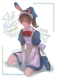 Rule 34 | 1boy, alternate costume, animal ears, apron, between legs, black eyes, bow, bowtie, brown hair, commission, crossdressing, doki doki literature club, elbow gloves, english text, enmaided, frills, full body, gloves, hair between eyes, hand between legs, long hair, looking at viewer, maid, male focus, ponytail, protagonist (doki doki literature club), puffy short sleeves, puffy sleeves, rabbit ears, red bow, red bowtie, short sleeves, simple background, sitting, skeb commission, solo, sora (efr), v arms, white apron, white background, white gloves