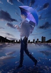 Rule 34 | 1boy, bag, black footwear, black pants, blue eyes, blue sky, blue umbrella, building, character request, check character, check copyright, closed mouth, cloud, collared shirt, commentary request, copyright request, full body, grey sweater, hair between eyes, hand in pocket, highres, holding, holding umbrella, kaito (vocaloid), long sleeves, looking at viewer, male focus, outdoors, pants, parang 99, ripples, school bag, school uniform, shirt, sky, smile, solo, star (sky), starry sky, sweater, umbrella, vocaloid, water