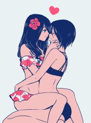 Rule 34 | 2girls, bad id, bad pixiv id, bare arms, bare legs, bikini, black bikini, black hair, blue background, blush, closed eyes, closed mouth, commentary, commentary request, couple, english commentary, flower, frilled bikini, frills, hair flower, hair ornament, hamachika, hand on another&#039;s face, hands on another&#039;s waist, heart, highres, long hair, looking at another, mixed-language commentary, multiple girls, off-shoulder bikini, off shoulder, open mouth, original, red bikini, red flower, seiza, simple background, sitting, sitting on lap, sitting on person, smile, straddling, swimsuit, upright straddle, white bikini, yuri