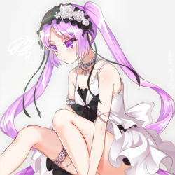 Rule 34 | 1girl, bad id, bad pixiv id, blush, commentary request, euryale (fate), euryale (third ascension) (fate), fate/grand order, fate (series), hairband, headdress, hisame-mao-kzok, lolita hairband, long hair, purple eyes, purple hair, siblings, solo, thighs, twintails, very long hair