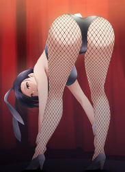 Rule 34 | 1girl, animal ears, armpits, ass, bare shoulders, black leotard, blush, breasts, fake animal ears, fake tail, female focus, fishnet legwear, fishnets, from behind, groin, high heels, highres, indoors, kaiga, large breasts, leaning forward, legs, leotard, long hair, looking back, original, playboy bunny, purple hair, rabbit ears, rabbit tail, solo, tail, thighs, top-down bottom-up, yellow eyes