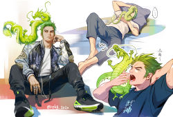 Rule 34 | ..., 1boy, aged down, alternate costume, arm behind head, arm up, artist name, barefoot, black footwear, black pants, blue shirt, brown eyes, casual, commentary request, contemporary, dragon, dragon on shoulder, drawstring, eastern dragon, closed eyes, fingernails, genji (overwatch), green hair, grey pants, hage2013, hand up, head rest, jacket, jewelry, long sleeves, lying, male focus, multiple views, on back, on head, on shoulder, overwatch, overwatch 1, pants, pillow, ring, shirt, shoe soles, shoes, short hair, short sleeves, sitting, sneakers, spoken ellipsis, sukajan, sweatdrop, t-shirt, tearing up, translation request, twitter username, white shirt, yawning