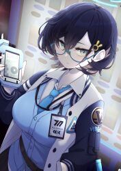 Rule 34 | 1girl, absurdres, black hair, blue-framed eyewear, blue archive, blue cardigan, blue necktie, breasts, buttons, cardigan, chihiro (blue archive), closed mouth, collared shirt, glasses, green eyes, hair between eyes, hair ornament, highres, jacket, large breasts, long sleeves, looking at viewer, necktie, open clothes, open jacket, rabbit hair ornament, ryusei (ster0629), shirt, short hair, solo, white jacket, white shirt
