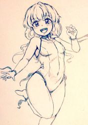 Rule 34 | 1girl, bare legs, barefoot, breasts, commentary request, competition swimsuit, covered navel, d-m (dii emu), ebisu eika, eyelashes, greyscale, looking at viewer, monochrome, one-piece swimsuit, open mouth, small breasts, standing, standing on one leg, swimsuit, toes, touhou, traditional media