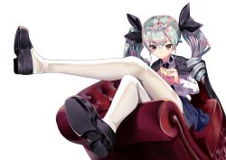 Rule 34 | 10s, 1girl, anchovy (girls und panzer), book, cape, couch, crossed legs, furisuku, girls und panzer, hair ribbon, loafers, long hair, looking at viewer, pantyhose, red eyes, ribbon, shoe soles, shoes, simple background, skirt, smile, solo, twintails, white background, white pantyhose