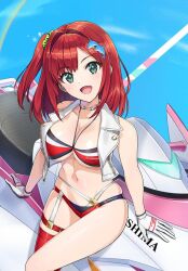 Rule 34 | 1girl, :d, artist request, bikini, breasts, cleavage, dolphin hair ornament, dolphin wave, gloves, green eyes, hair ornament, highres, jet ski, navel, ocean, official art, open mouth, red hair, sakimiya iruka, smile, source request, swimsuit, thighs, vest, white vest