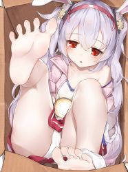 Rule 34 | 1girl, animal ears, azur lane, barefoot, box, child, collarbone, feet, flashlight, hair between eyes, hair ornament, hairband, highres, in box, in container, jacket, laffey (azur lane), long hair, looking at viewer, messy hair, open clothes, open jacket, oshin0 (zheng), panties, pink jacket, rabbit ears, rabbit hair ornament, red eyes, red skirt, skirt, soles, solo, toes, twintails, underwear, very long hair, white hair, white panties