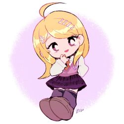 Rule 34 | 1girl, ahoge, akamatsu kaede, arm behind back, blonde hair, chibi, commission, danganronpa (series), danganronpa v3: killing harmony, eyelashes, fortissimo, full body, hair ornament, hand to own mouth, highres, kitchupsandwich, long sleeves, looking at viewer, musical note, musical note hair ornament, musical note print, necktie, open mouth, pink sweater vest, purple eyes, purple skirt, purple socks, red necktie, shirt, skirt, socks, solo, sweater vest, white shirt
