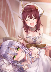 Rule 34 | + +, 2girls, alt (ctrldel), atelier (series), atelier lydie &amp; suelle, atelier sophie, bare shoulders, bed, blanket, blush, book, bowl, breasts, brown hair, chair, closed mouth, collarbone, detached collar, closed eyes, frills, green eyes, hair between eyes, hairband, head scarf, highres, holding, holding spoon, holding tray, indoors, light purple hair, liquid-in-glass thermometer, long hair, medium breasts, mouth hold, multiple girls, on bed, on pillow, plachta, red skirt, sick, skirt, smile, sophie neuenmuller, spoon, standing, steam, tearing up, thermometer, towel, tray, very long hair