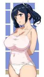 Rule 34 | 10s, 1girl, arms behind back, bare shoulders, black hair, blue eyes, blue hair, blush, breasts, camisole, cleavage, covered navel, huge breasts, hyouju issei, kantai collection, large breasts, long hair, matching hair/eyes, panties, parted lips, solo, souryuu (kancolle), standing, twintails, underwear