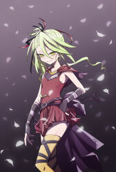Rule 34 | 1girl, absurdres, belt, breasts, deathpolca, demons roots, dress, feet out of frame, floating, gloves, gradient background, green eyes, green hair, grey background, hair between eyes, hair ribbon, highres, long hair, looking at viewer, parted lips, petals, rabbit king, red dress, ribbon, side ponytail, sleeveless, sleeveless dress, small breasts, smile, solo, thighhighs, zettai ryouiki