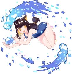 Rule 34 | 1girl, :d, animal ears, ark order, bare legs, black hair, blonde hair, blue one-piece swimsuit, bow, cat ears, colored inner hair, floating, hair bow, hashihime (ark order), japanese clothes, long hair, low-tied long hair, multicolored hair, official art, one-piece swimsuit, open mouth, ryuuno6, school swimsuit, smile, solo, swimsuit, tachi-e, transparent background, water