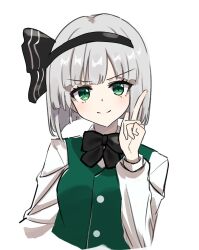 Rule 34 | 1girl, black bow, black bowtie, black hairband, bow, bowtie, closed mouth, commentary, cropped torso, green eyes, green vest, grey hair, hairband, highres, index finger raised, konpaku youmu, long sleeves, looking at viewer, mino (minori), shirt, short hair, simple background, smile, solo, touhou, upper body, v-shaped eyebrows, vest, white background, white shirt