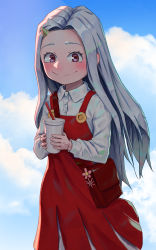Rule 34 | 1girl, absurdres, bag, blue background, blush, boku no hero academia, child, cloud, cloudy sky, collared shirt, cup, dress, eri (boku no hero academia), grey hair, highres, holding, holding cup, horns, jhigf, long hair, looking at viewer, pink eyes, shirt, shoulder bag, simple background, single horn, skirt, sky, smile, solo, suspender skirt, suspenders, white shirt