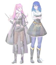 Rule 34 | 2girls, belt, blue eyes, blue hair, blue thighhighs, boots, byleth (female) (fire emblem), byleth (female) (fire emblem) (cosplay), byleth (fire emblem), closed eyes, closed mouth, clothing cutout, cosplay, costume switch, crossed arms, female focus, fire emblem, fire emblem: three houses, garreg mach monastery uniform, high heels, highres, hilda valentine goneril, hilda valentine goneril (cosplay), lissa (pikabeeart), long hair, multiple girls, navel, navel cutout, nintendo, open mouth, pantyhose, pink hair, simple background, thighhighs, twintails, twitter username, uniform, white background
