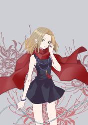 Rule 34 | 1girl, bare shoulders, beads, black dress, brown eyes, brown hair, cowboy shot, dress, floral background, grey background, tucking hair, highres, jewelry, kyouyama anna, necklace, red scarf, rock69girl, scarf, shaman king, short hair, simple background, sleeveless, solo