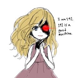 Rule 34 | 1girl, bad id, bad pixiv id, blue eyes, brown hair, child, cyborg, dress, english text, glowing, glowing eye, long hair, neon (kyjin), open mouth, own hands together, parted lips, red eyes, scp-191, scp foundation, simple background, sketch, solo, white background