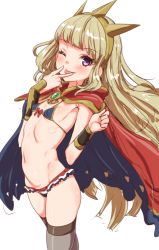 Rule 34 | 10s, 1girl, ;p, bikini, black thighhighs, blonde hair, blush, cagliostro (granblue fantasy), clearite, cloak, crown, flat chest, granblue fantasy, long hair, looking at viewer, navel, one eye closed, purple eyes, simple background, smile, solo, swimsuit, thighhighs, tongue, tongue out