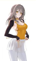 Rule 34 | 1girl, absurdres, alternate costume, blush, breasts, cleavage, expressionless, grey hair, hair between eyes, highres, honkai: star rail, honkai (series), leotard, looking at viewer, medium breasts, medium hair, pantyhose, rity, see-through, see-through skirt, simple background, skirt, stelle (honkai: star rail), trailblazer (honkai: star rail), white background, white pantyhose, yellow eyes, yellow leotard