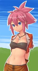 Rule 34 | 1girl, bandeau, blue eyes, jewelry, midriff, necklace, pink hair, sajipen, solo, strapless, tube top