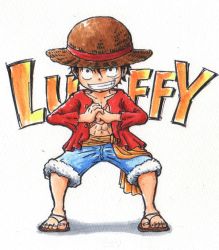 Rule 34 | 1boy, black hair, character name, clenched hand, denim, denim shorts, hat, male focus, marker (medium), moamoa (etsu1443), monkey d. luffy, one piece, open clothes, open shirt, red shirt, sandals, scar, shirt, shorts, solo, straw hat, teeth, traditional media