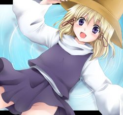 Rule 34 | 1girl, :d, bad id, bad pixiv id, blonde hair, female focus, hat, marimo danshaku, moriya suwako, msan, no panties, open mouth, outstretched arms, purple eyes, smile, solo, spread arms, touhou
