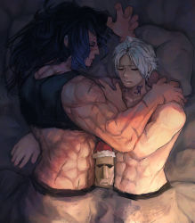 Rule 34 | abs, absurdres, warrior of light (ff14), black hair, commission, commissioner upload, final fantasy, final fantasy xiv, height difference, highres, moai, multiple scars, muscular, muscular female, non-web source, roegadyn, scar, scar across eye, scar on arm, size difference, sleeping, tall female, thancred waters, wafferscotch