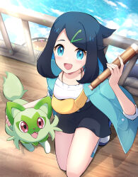 Rule 34 | 1girl, :d, absurdres, aqua eyes, black hair, black shorts, coat, commentary request, creatures (company), day, from above, game freak, green coat, hair ornament, hairclip, hand up, haru (haruxxe), highres, holding, liko (pokemon), looking up, nintendo, open clothes, open coat, open mouth, outdoors, pokemon, pokemon (anime), pokemon (creature), pokemon horizons, shirt, shoes, shorts, smile, socks, sprigatito, spyglass, squatting, tongue, white shirt, yellow bag