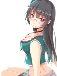 Rule 34 | 10s, 1girl, beret, black hair, blue hat, blush, breasts, choukai (kancolle), choukai kai ni (kancolle), cleavage, from side, frown, glasses, hat, highres, kantai collection, koumei (twinameless), long hair, looking at viewer, medium breasts, midriff, pleated skirt, red eyes, simple background, sitting, skirt, solo, thighs, white background, white skirt