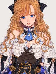 Rule 34 | 1girl, absurdres, bare shoulders, black bow, blonde hair, blue eyes, bow, breasts, brown gloves, cleavage, dress, ear flower, earrings, frilled dress, frills, gem, gloves, hair bow, heart, heart tattoo, highres, idolmaster, idolmaster cinderella girls, idolmaster cinderella girls starlight stage, interlocked fingers, jewelry, large breasts, long hair, long sleeves, norimaki (seidan0611), official alternate costume, ohtsuki yui, own hands together, parted lips, simple background, smile, solo, tattoo, teeth, upper body, white background