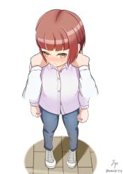 Rule 34 | 1girl, alternate costume, bob cut, casual, collared shirt, denim, full body, jeans, kantai collection, nanasp 7sp, pants, red hair, shirt, shoes, short hair, white footwear, yellow eyes, z3 max schultz (kancolle)