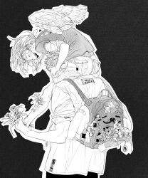 Rule 34 | 1boy, 1girl, backpack, bag, bandaid, carrying, carrying over shoulder, carrying person, flower, highres, laughing, monochrome, original, shorts, wings
