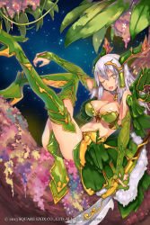 Rule 34 | 1girl, ;d, breasts, bridal gauntlets, cleavage, clothes between thighs, colored eyelashes, female focus, flower, green thighhighs, hair ornament, hair tubes, high heels, highres, large breasts, long hair, one eye closed, open mouth, sangokushi ranbu, silver hair, smile, solo, thighhighs, yellow eyes, zutta