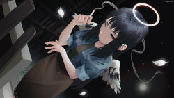 Rule 34 | 1girl, angel wings, between fingers, black eyes, black feathers, black hair, black theme, brown dress, cigarette, dress, dutch angle, feathered wings, feathers, from above, haibane renmei, halo, highres, holding, jacket, long hair, looking at viewer, perspective, reki (haibane), sidelocks, sleeves rolled up, smoke, solo, waystrix, white feathers, wings