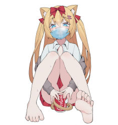 Rule 34 | 1girl, absurdres, animal ears, bare legs, barefoot, blonde hair, blue eyes, blush, bow, breath, cat ears, cat tail, coca-cola, feet, foot focus, foreshortening, full body, grey jacket, hair bow, hair ornament, hairclip, heart, heart-shaped pupils, highres, jacket, lan mao akko, long hair, looking at viewer, mask, mouth mask, off shoulder, original, red bow, shirt, simple background, soles, solo, surgical mask, sweat, symbol-shaped pupils, tail, toenails, toes, two side up, white background, white shirt