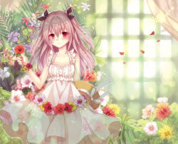 Rule 34 | 1girl, bad id, bad pixiv id, bare shoulders, blush, brown hair, brown ribbon, cowboy shot, curtains, dress, fingernails, flower, flower bracelet, frilled dress, frills, hair ribbon, hat, unworn hat, unworn headwear, hibiscus, holding, holding flower, indoors, long hair, looking at viewer, nozomi fuuten, original, petals, red eyes, ribbon, sleeveless, sleeveless dress, smile, solo, standing, sun hat, sundress, twintails, two side up, white dress, window