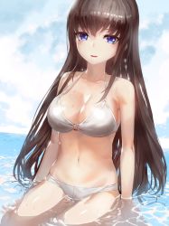 Rule 34 | 1girl, bare shoulders, bikini, blue eyes, breasts, brown hair, cleavage, day, kfr, large breasts, long hair, md5 mismatch, navel, o-ring, o-ring top, ocean, original, partially submerged, sidelocks, sitting, smile, solo, swimsuit, water, wet, white bikini