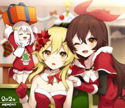 Rule 34 | 3girls, ;d, amber (genshin impact), bare shoulders, blush, box, breasts, christmas, cleavage, closed eyes, flower, genshin impact, gift, gift box, hair flower, hair ornament, hair ribbon, hand on another&#039;s shoulder, hat, highres, lumine (genshin impact), memeno, merry christmas, multiple girls, one eye closed, open mouth, paimon (genshin impact), ribbon, santa hat, smile