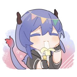 Rule 34 | 1girl, arknights, banana, blush, ch&#039;en (arknights), chibi, closed eyes, dragon girl, dragon horns, dragon tail, eating, food, food in mouth, fruit, fur-tipped tail, horns, ice cream, kuafunvkai, long hair, purple hair, simple background, solo, tail