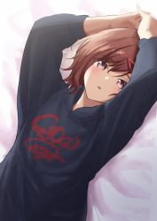 Rule 34 | 1girl, absurdres, arms up, bed sheet, black hoodie, blush, brown eyes, brown hair, commentary request, hair between eyes, hair ornament, hairclip, highres, higuchi madoka, hood, hood down, hoodie, idolmaster, idolmaster shiny colors, looking at viewer, lying, mole, mole under eye, on back, own hands together, parted lips, solo, tomatology3, upper body